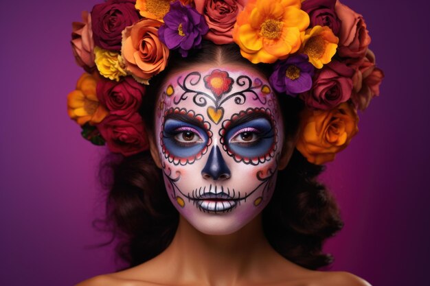 Retrato de una bonita morena con maquillaje festivo del día de los muertos y flores en la cabeza