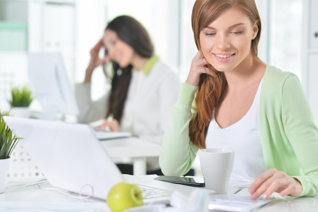 Retrato de una bonita mujer de negocios con un portátil en la oficina