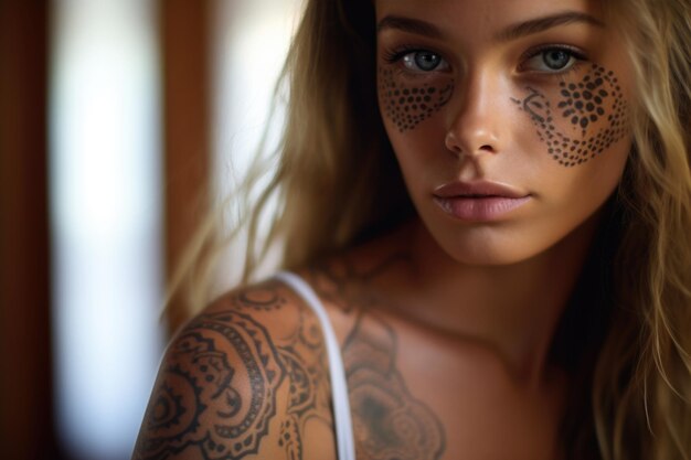 Retrato de una bonita rubia con un tatuaje negro temporal en la cara