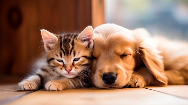 Retrato bonito de um gatinho com um filhote de cachorro Animal de IA generativa