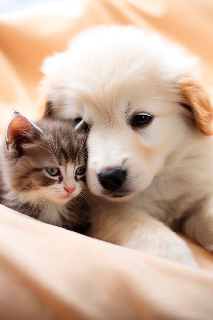Foto retrato bonito de um gatinho com um filhote de cachorro animal de ia generativa