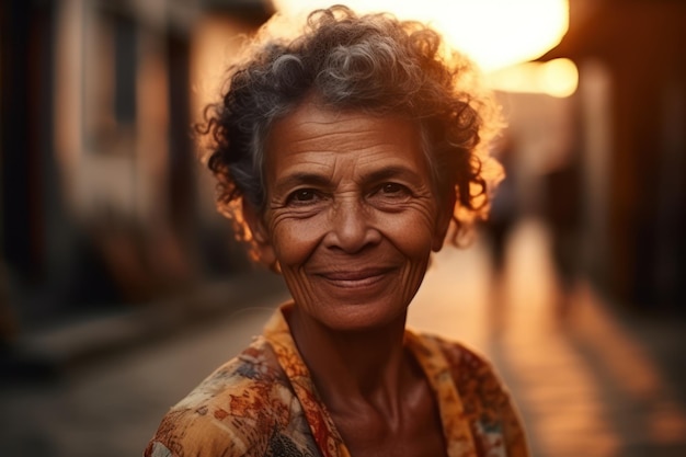 Retrato bonito e realista de uma mulher brasileira idosa olhando para a câmera no pôr do sol e sorrindo espaço de cópia de forma horizontal