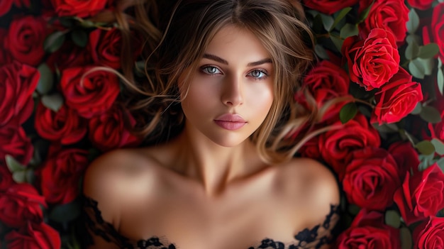 retrato bonito garota atraente com olhos bonitos com flores rosas ao redor