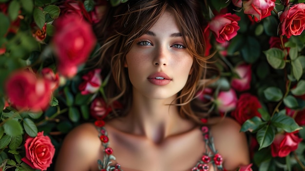 retrato bonito garota atraente com olhos bonitos com flores rosas ao redor