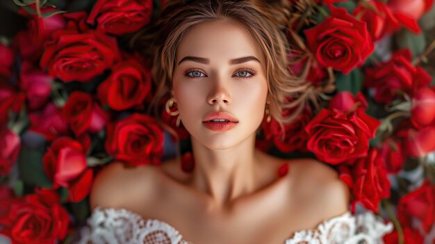 retrato bonito garota atraente com olhos bonitos com flores rosas ao redor