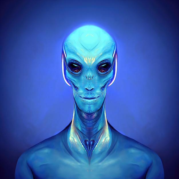 Retrato bonito homem alienígena de pele azul claro fundo azul sorriso humanóide ilustração 3d