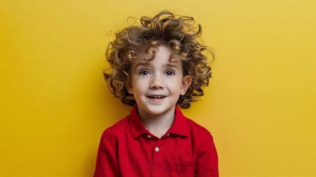 Retrato de un bonito niño rizado joven con ropa roja en la pared amarilla del estudio