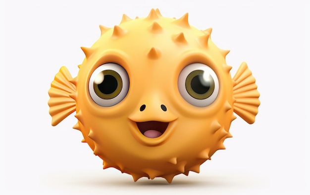 Retrato bonito Pufferfish 3D Cartoon render isolado em fundo branco