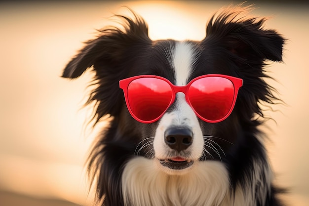 Retrato de un border collie con gafas de sol de colores sobre un fondo rojo IA generativa