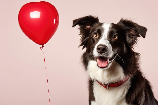 Foto retrato de un border collie con un globo rojo en forma de corazón cita romántica ia generativa