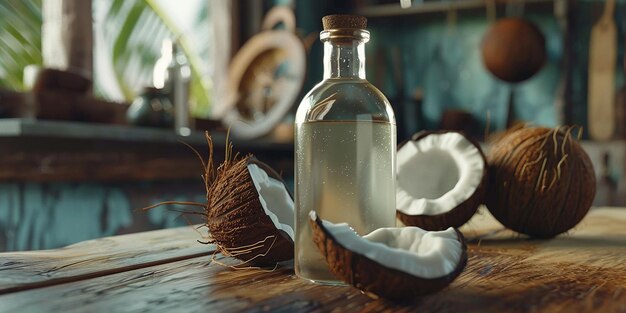 Foto retrato de una botella de aceite de coco y un coco de cerca