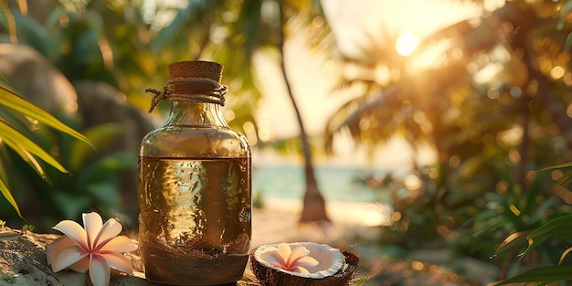 Foto retrato de la botella de aceite de coco y la composición del coco