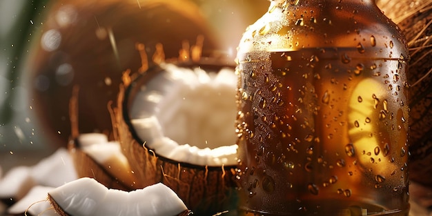 Foto retrato de una botella de aceite de coco y un detalle de coco