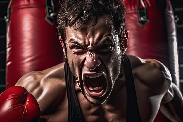 Retrato de un boxeador entrenando con un saco de boxeo