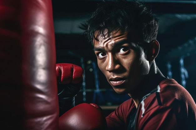 Retrato de un boxeador entrenando con un saco de boxeo