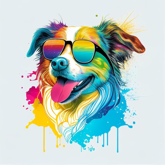 Retrato brillante de un perro con gafas de sol pintura de acuarela IA generativa