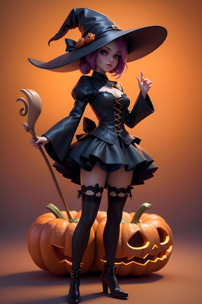 Retrato de una bruja con una calabaza de Halloween