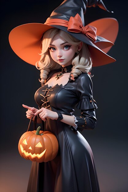 Retrato de una bruja con una calabaza de Halloween