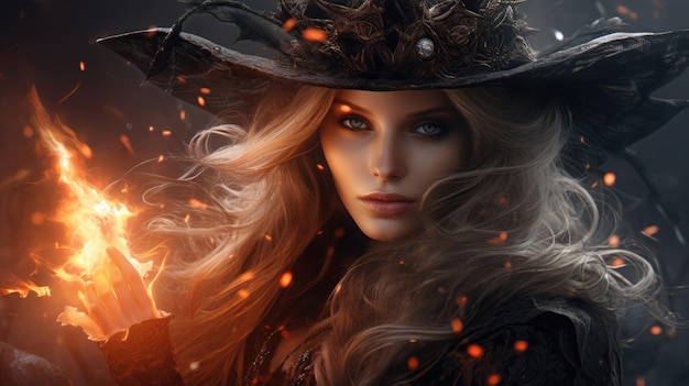 Foto retrato de una bruja del fuego en un sombrero generado por la ia