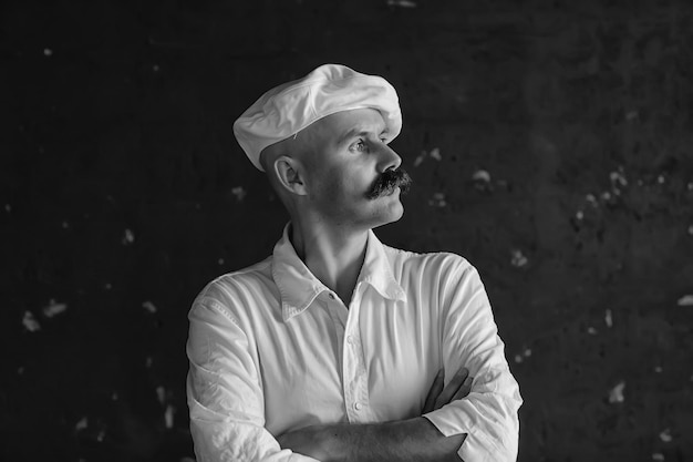 Foto retrato de un brutal cocinero bigotudo, con uniforme de profesión, gorra blanca. gafas hombre