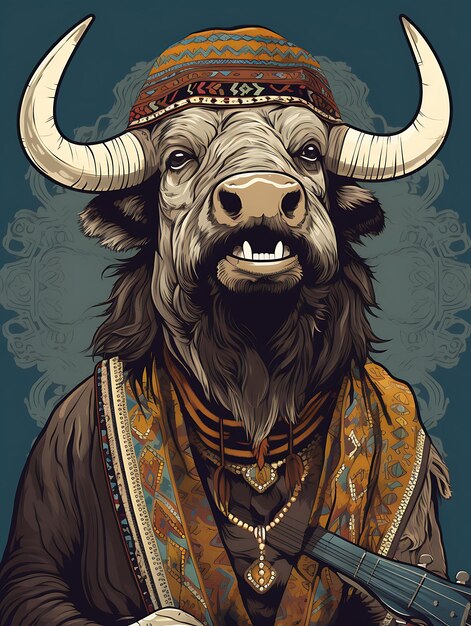 Retrato de búfalo tocando la armónica con pose musical y Smi póster vintage 2D Flat Design Art