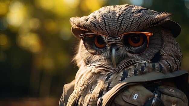 Foto retrato de búho con gafas de sol y chaqueta de cuero en primer plano concepto de animal antropomórfico