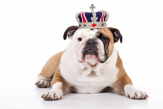 Un retrato de un bulldog británico que lleva una bandera de la Unión Jack corona real generativa ai