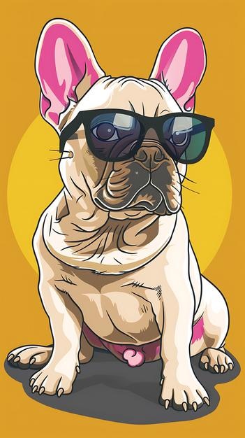 Retrato de bulldog francés con una cinta para la cabeza y con gafas Ilustración de cachorro de dibujos animados gracioso