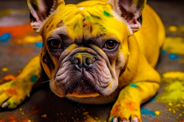 Retrato de bulldog francés cubierto de pintura Perro juguetón gracioso IA generativa