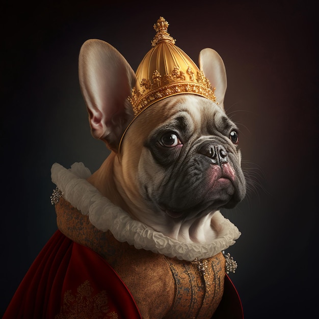 Retrato de un Bulldog Francés vistiendo un traje real.