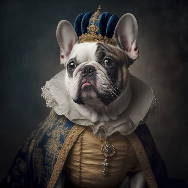 Retrato de un Bulldog Francés vistiendo un traje real.