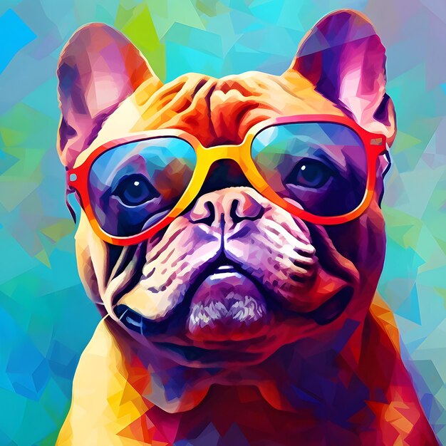 Retrato de bulldog en gafas de sol pintado en estilo pop art