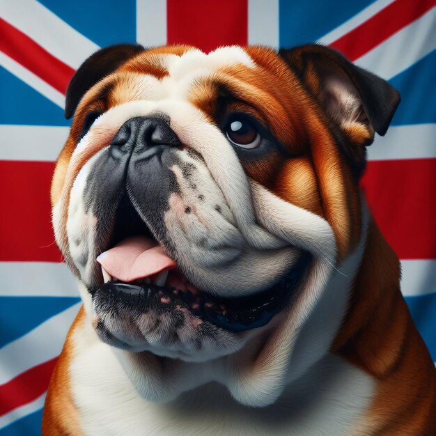 retrato de bulldog inglés sobre un fondo de la bandera del Reino Unido