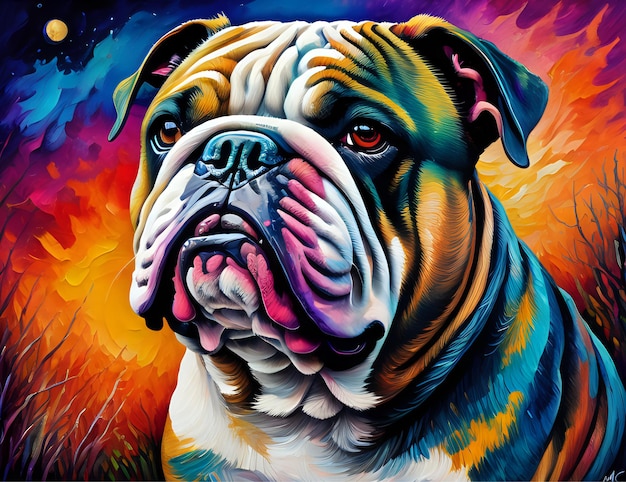 Retrato de bulldog raza de perro Pintura digital fondo de colores