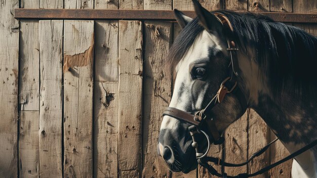 Retrato de un caballo con brida contra un fondo de madera