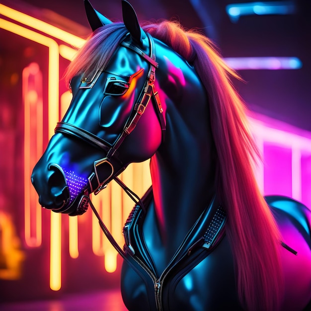 Foto retrato de caballo cyberpunk en estilo neón futurista