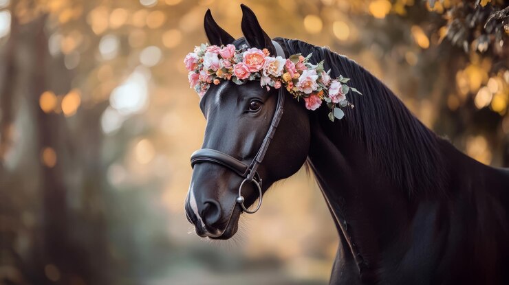 Retrato de un caballo deportivo con una corona de flores ar 169 v 61 ID de trabajo 1e3d59b4496a4793bf2804c4953eb573