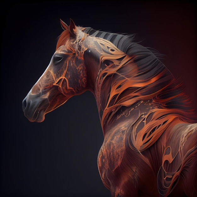 Retrato de caballo con efecto de fuego en la representación 3D de fondo oscuro