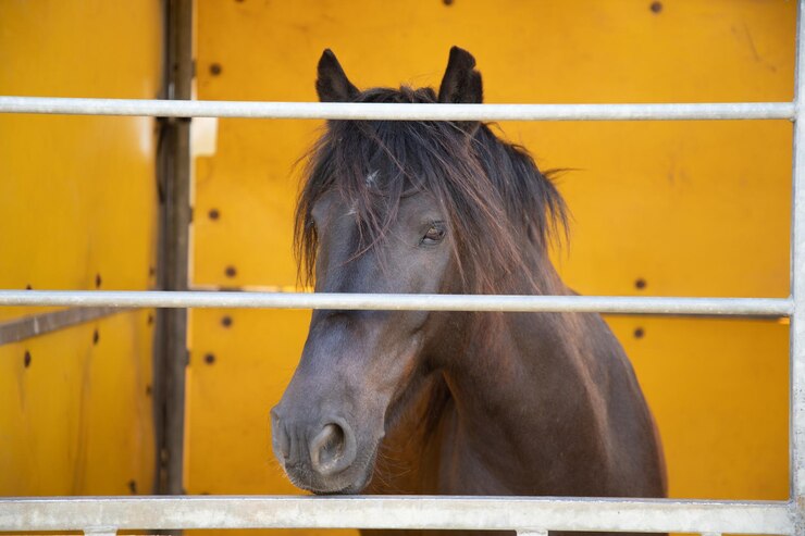 Foto retrato de caballo marrón detrás de una barrera metálica