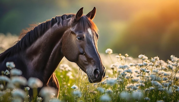 Retrato de caballo negro en el campo con flores blancas Granja o animal silvestre telón de fondo natural borroso