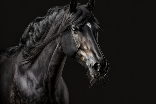 Retrato de un caballo negro en un estudio contra un fondo negro
