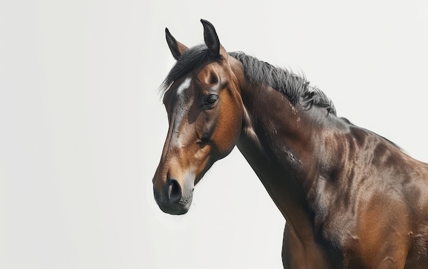 Retrato de un caballo oscuro con un pelaje elegante y una expresión atenta aislado sobre un fondo blanco