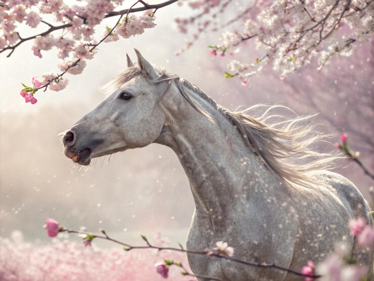 Retrato de un caballo de trabajo blanco durmiendo en el fondo de primavera de un árbol frutal en flor