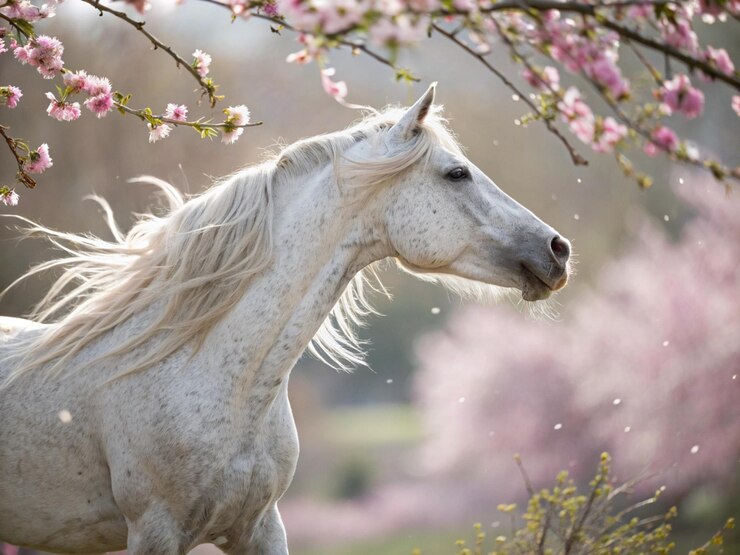 Retrato de un caballo de trabajo blanco durmiendo en el fondo de primavera de un árbol frutal en flor