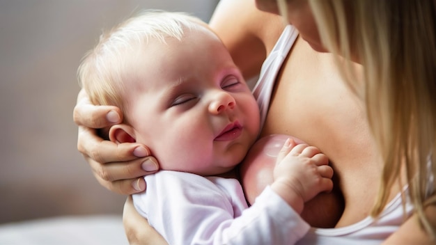 Retrato de la cabeza de un bebé rubio que está amamantando