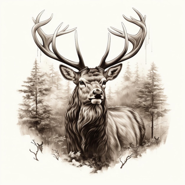 un retrato de una cabeza de ciervo en el bosque en el estilo de ilustraciones muy detalladas
