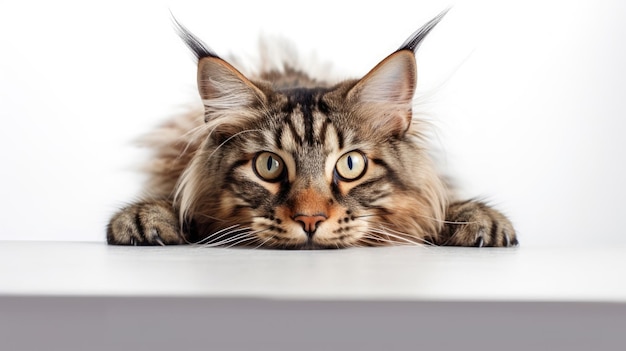 Retrato de una cabeza de gato que mira a escondidas el gato maine coon que mira a escondidas el espacio de la copia ai generativo