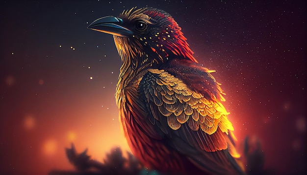 Retrato de cabeza de guerrero de pájaro mágico en armadura dorada con cielo nocturno estrellado ambiental Obra de arte generada por IA