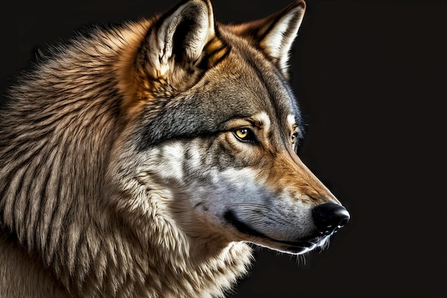 Retrato de cabeza de lobo con piel sobre fondo negro