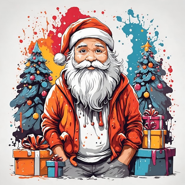 Retrato de cabeza de Papá Noel con cajas de regalo y arte goteando pintura para el diseño de camisetas